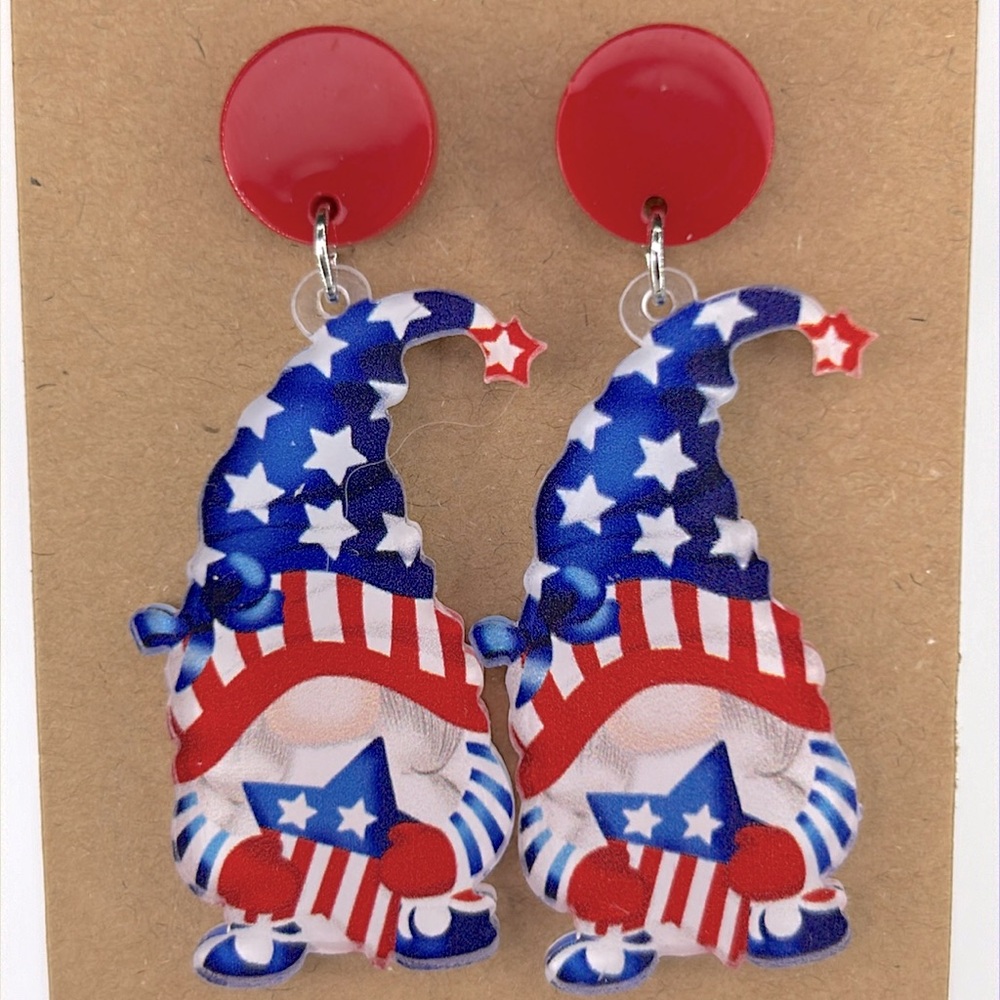 Clear Acrylic Patriotic Gnome Stud Earrings 4th of July Fashion Jewelry